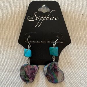 Turquoise and Irridescent Stone Look Dangly Earrings By Sapphire